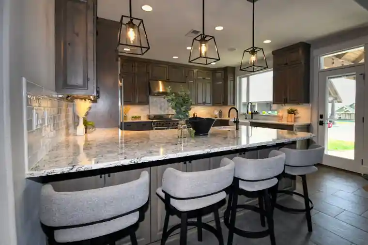 After: the finished kitchen island seen from the other side of the room