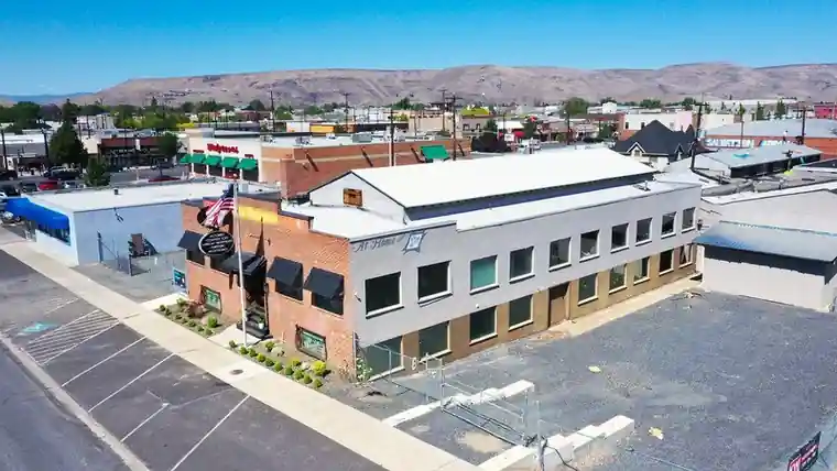 Drone view of the McIlvanie Machine Works building in downtown Yakima