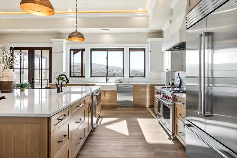 Wide view of the Country Lane kitchen island and windows