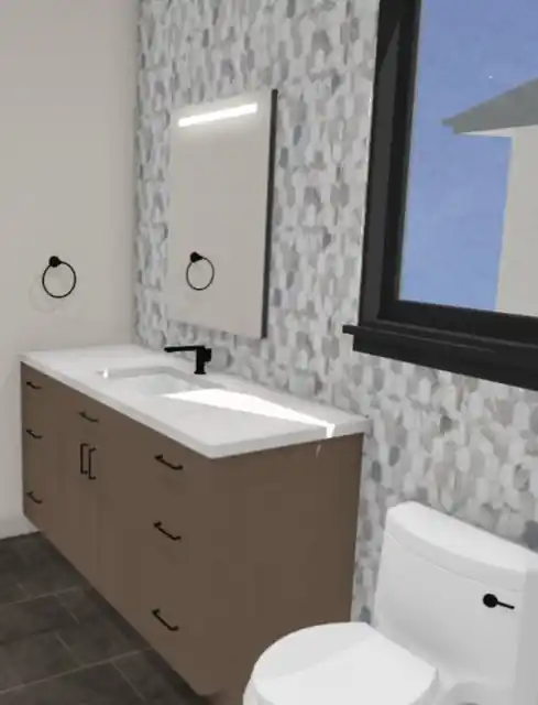 Chief Architect 3D rendering of a bathroom vanity with a lit mirror and patterned tile